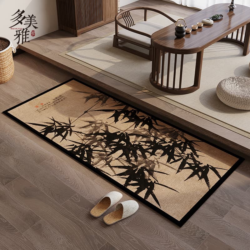 和風梅鳥絨毯・竹影長方形ラグ
