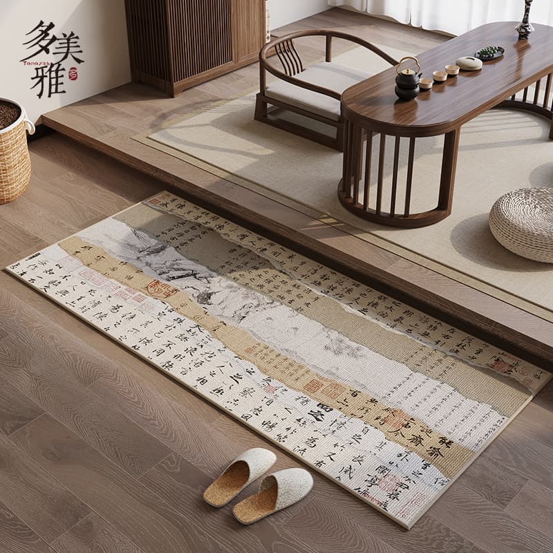 和風梅鳥絨毯・竹影長方形ラグ